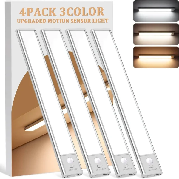 Wireless Under Cabinet Lights – 4-Pack Motion Sensor, Dimmable, 3 Color Temps