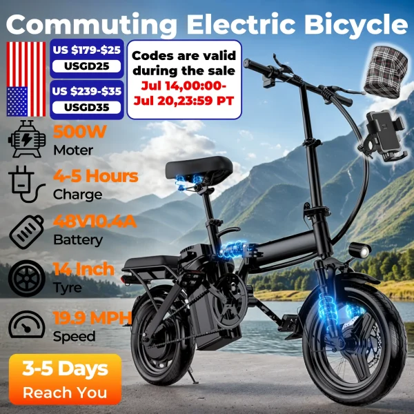 LELEKUAI Folding E-Bike – 500W Motor, 48V Battery, 14" Wheels