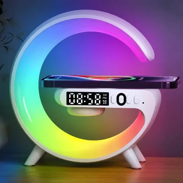 5.9" Wireless Charger with Bluetooth Speaker & RGB Clock Lamp
