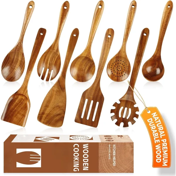 Natural Teak Wooden Utensil Set – Nonstick-Safe Cooking Spoons