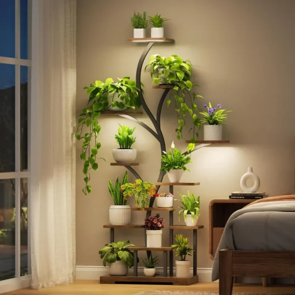 63 Inch 11-Tier Metal Plant Stand with LED Grow Lights, Indoor Tall  for 15-18 Pots.