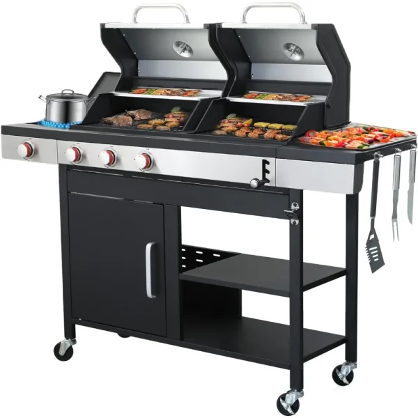 3-Burner Gas & Charcoal Grill Combo with Side Burner – Outdoor BBQ Grill