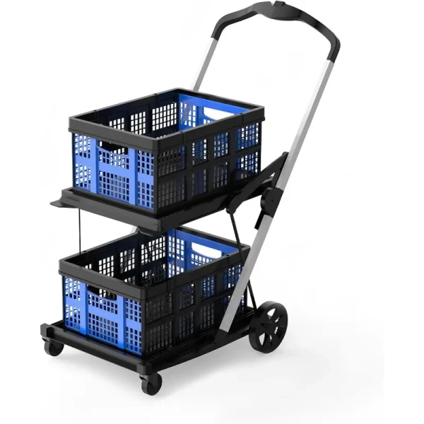 2-Tier Folding Shopping Cart with Wheels – Collapsible Utility Trolley