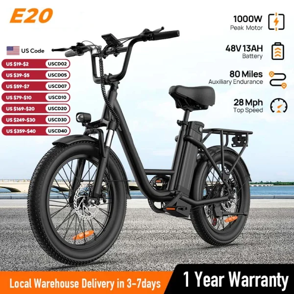 E20 1000W Fat Tire Electric Bike | 48V 13Ah Battery, 20MPH, 7-Speed, Dual Disc Brakes